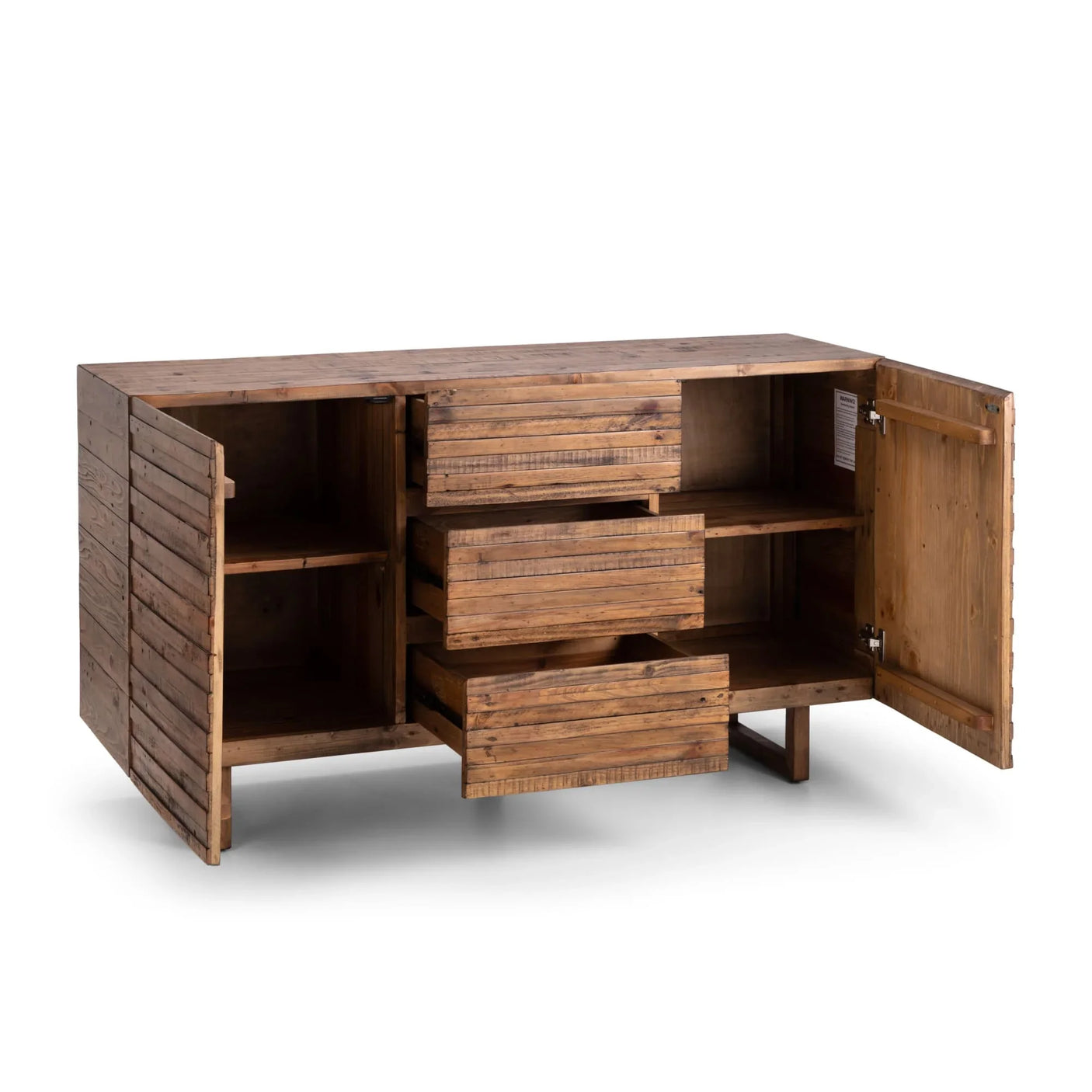 Rustic wooden sideboard with open shelves and drawers, showcasing natural wood grain