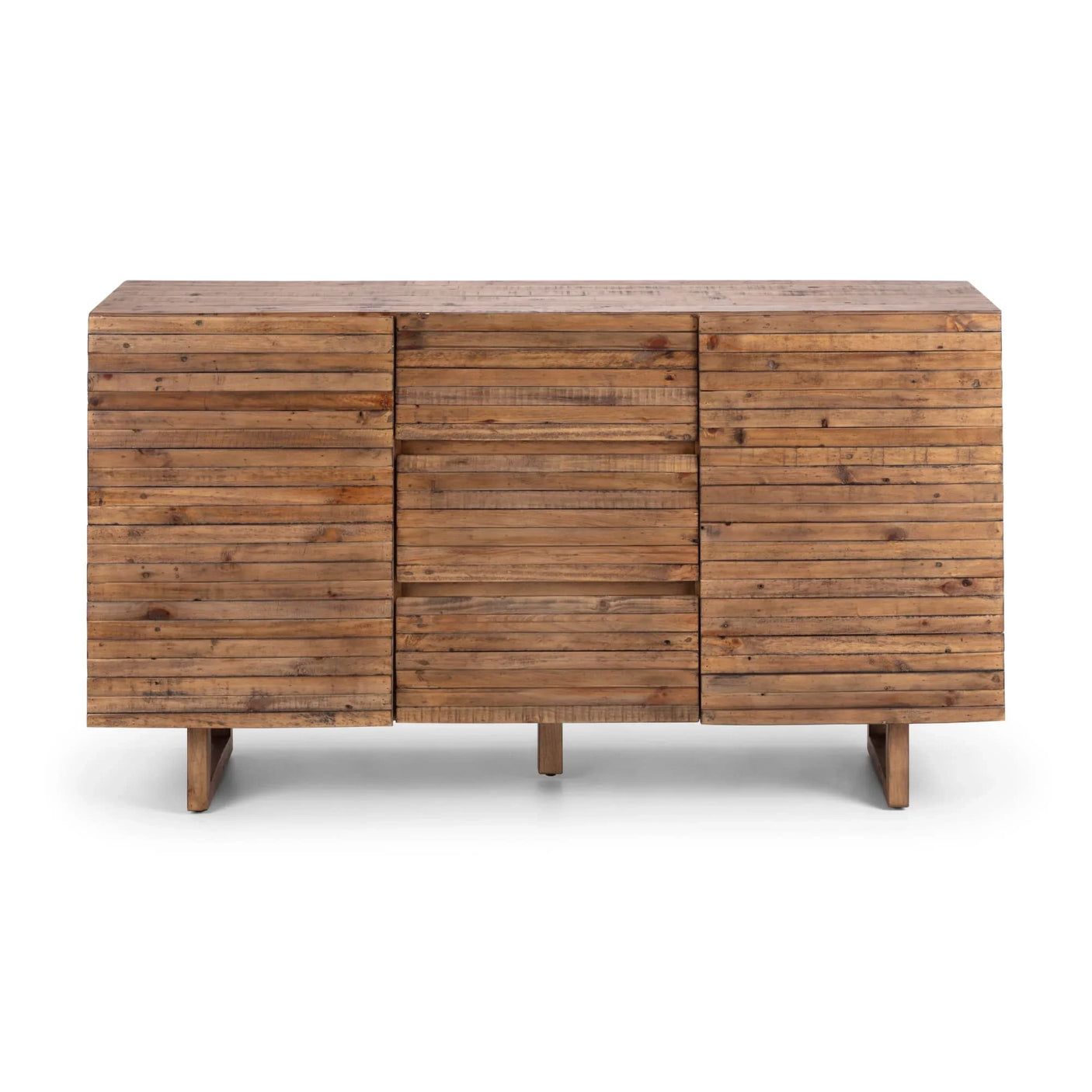 Natural wood sideboard with slatted doors and minimalist design, shown front view