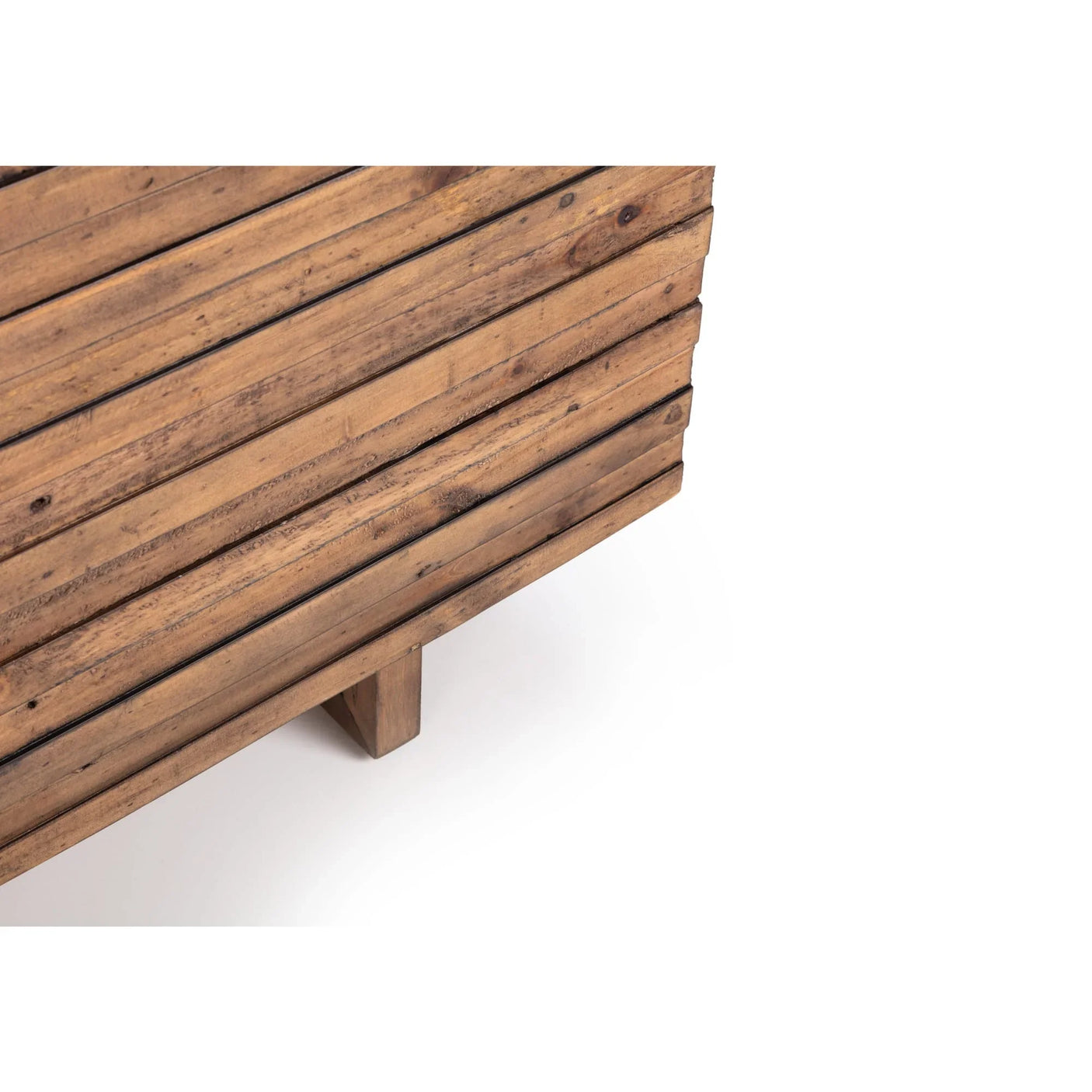 Close-up of wooden sideboard leg and slatted detail on white background