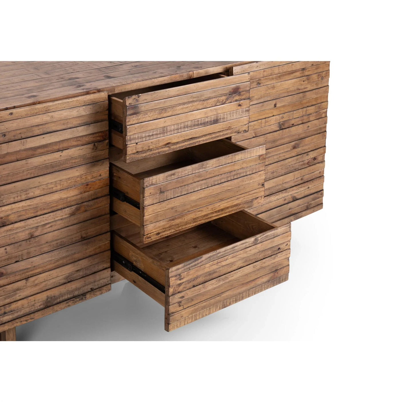 Rustic wooden chest of drawers with three drawers open, showcasing slatted wood design