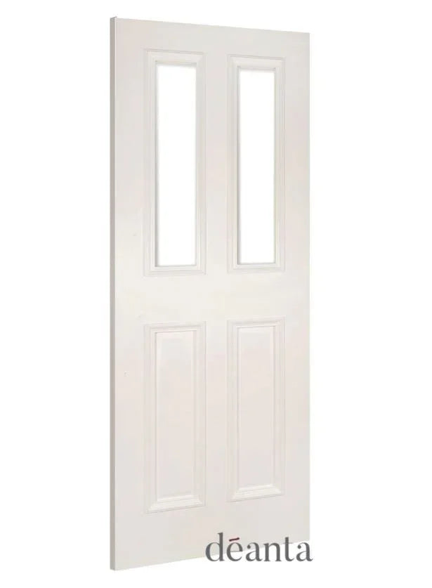 White interior door with four raised panels and two vertical glass inserts, angled side view
