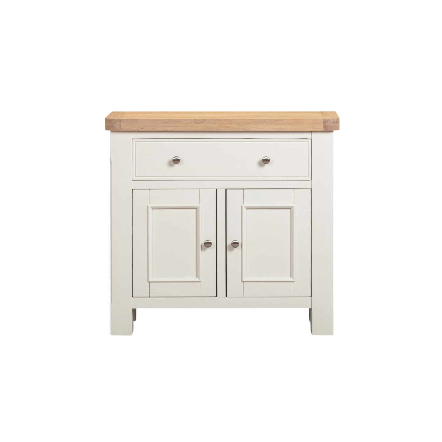 Small cabinet with wooden top and white painted doors on a white background