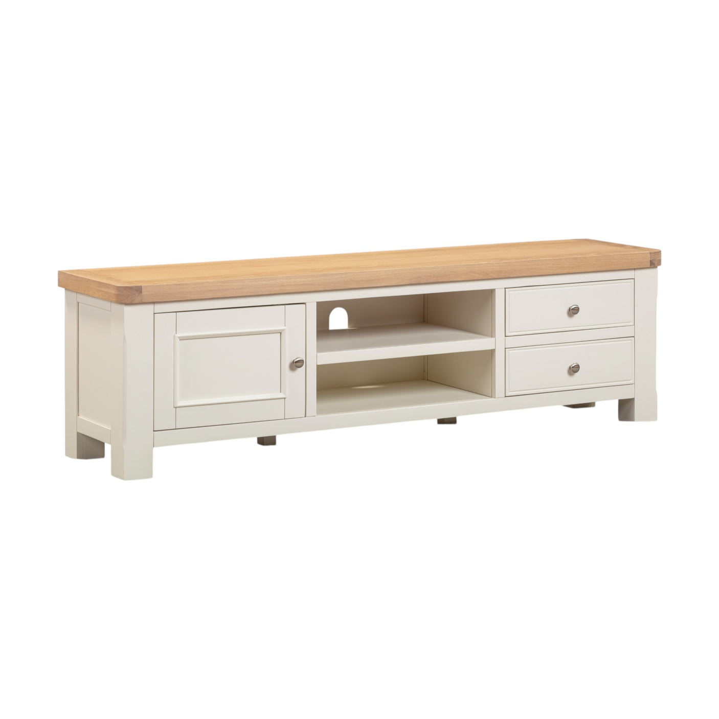 White TV stand with wooden top on a white background