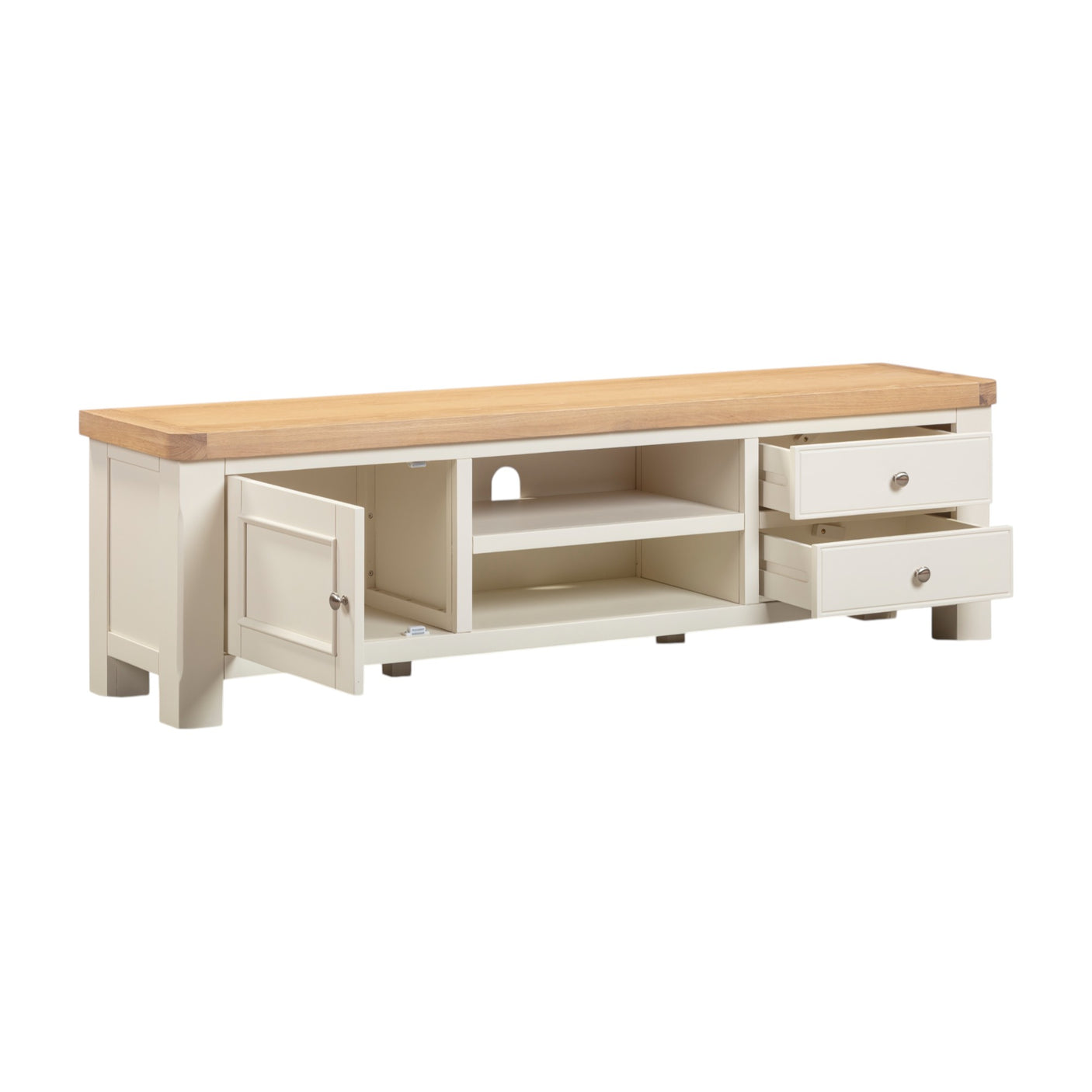 White TV stand with wooden top on a white background