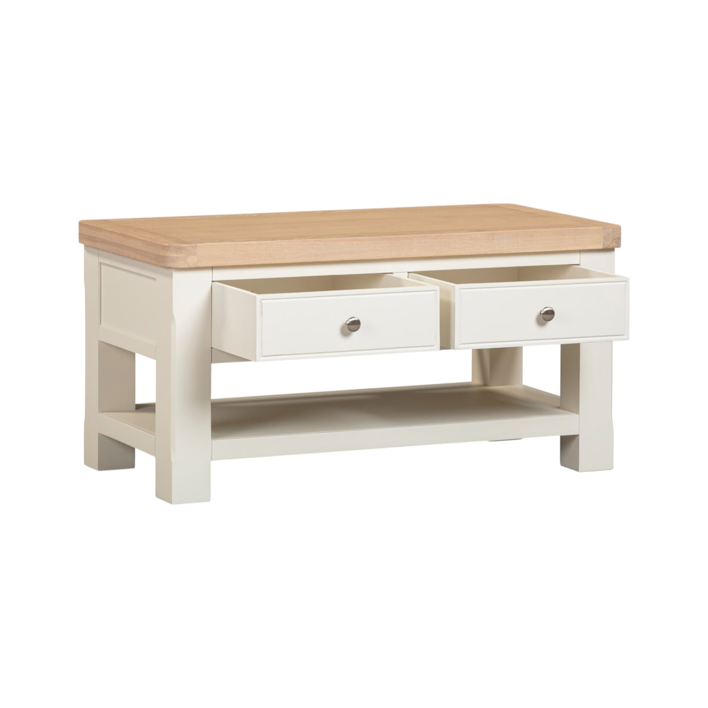 Wooden coffee table with two drawers on a white background