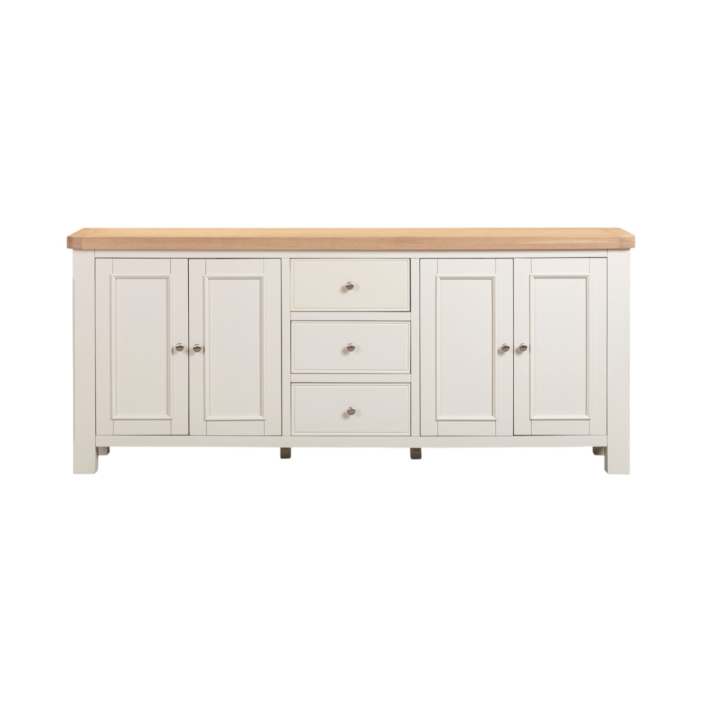 White sideboard with wooden top on a white background