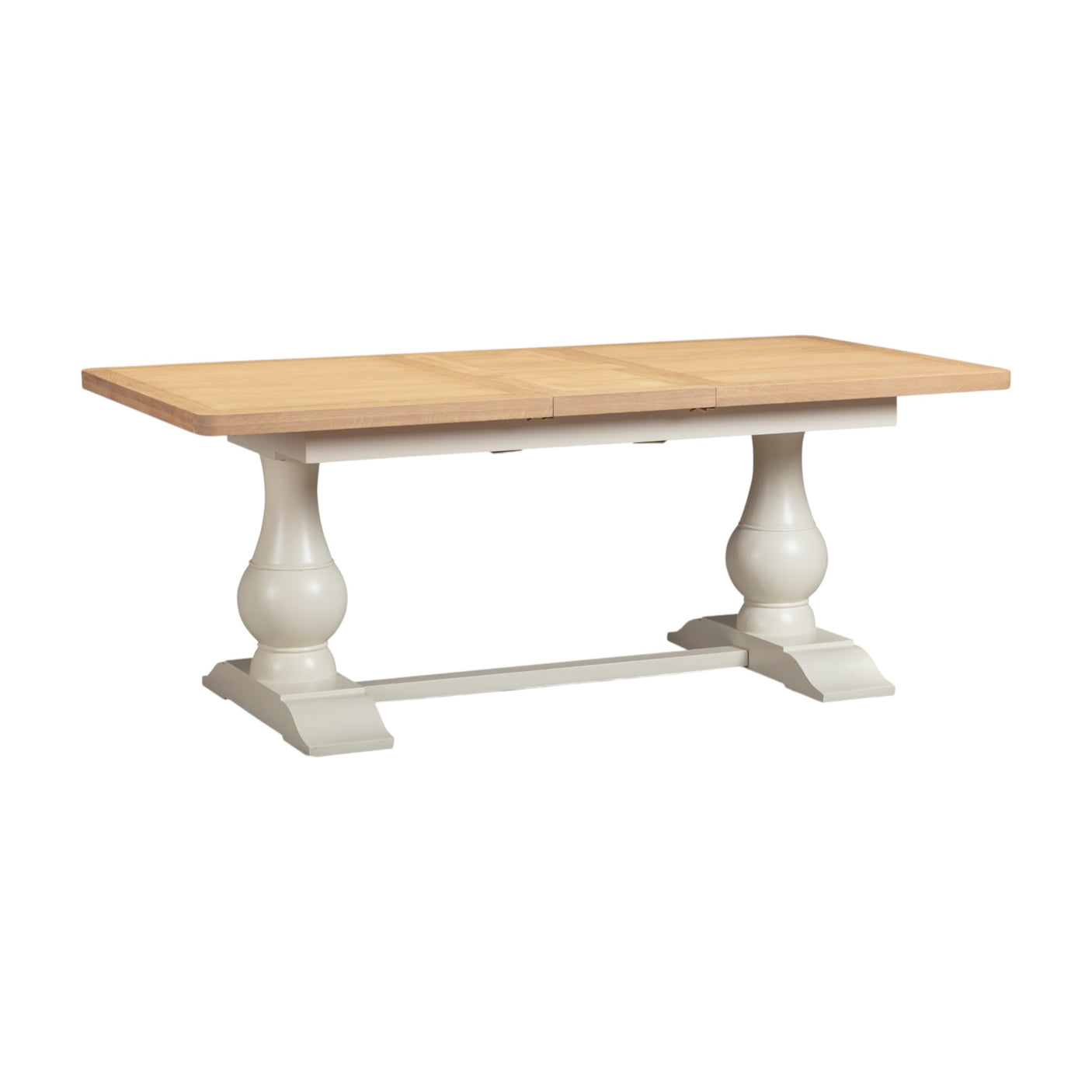 Wooden table with white pedestal base on a white background