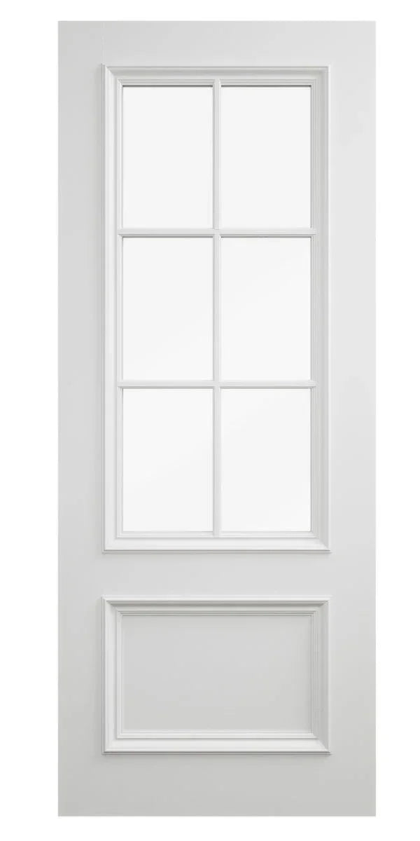 White internal glazed door with six glass panels and single lower solid panel, front view