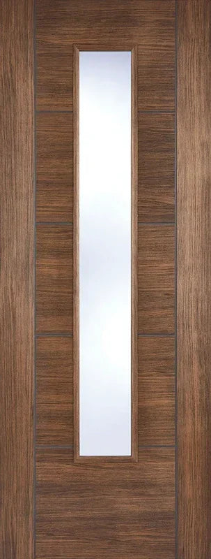 Walnut laminate internal door with central vertical glazed panel, modern wood grain finish