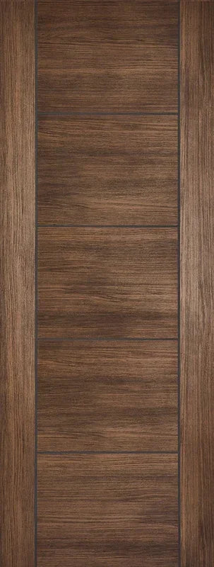 Walnut laminate door with horizontal panel design and wood grain finish