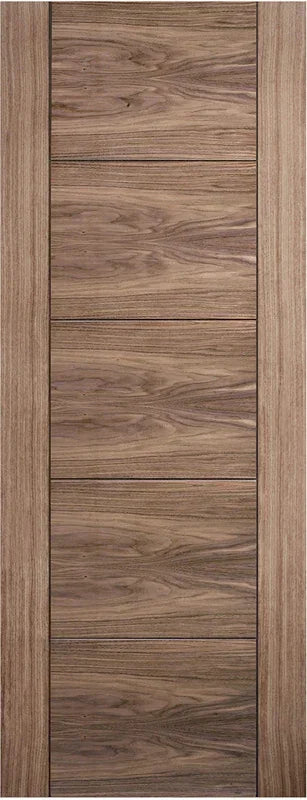 Walnut internal door with five horizontal panels and vertical grain detailing