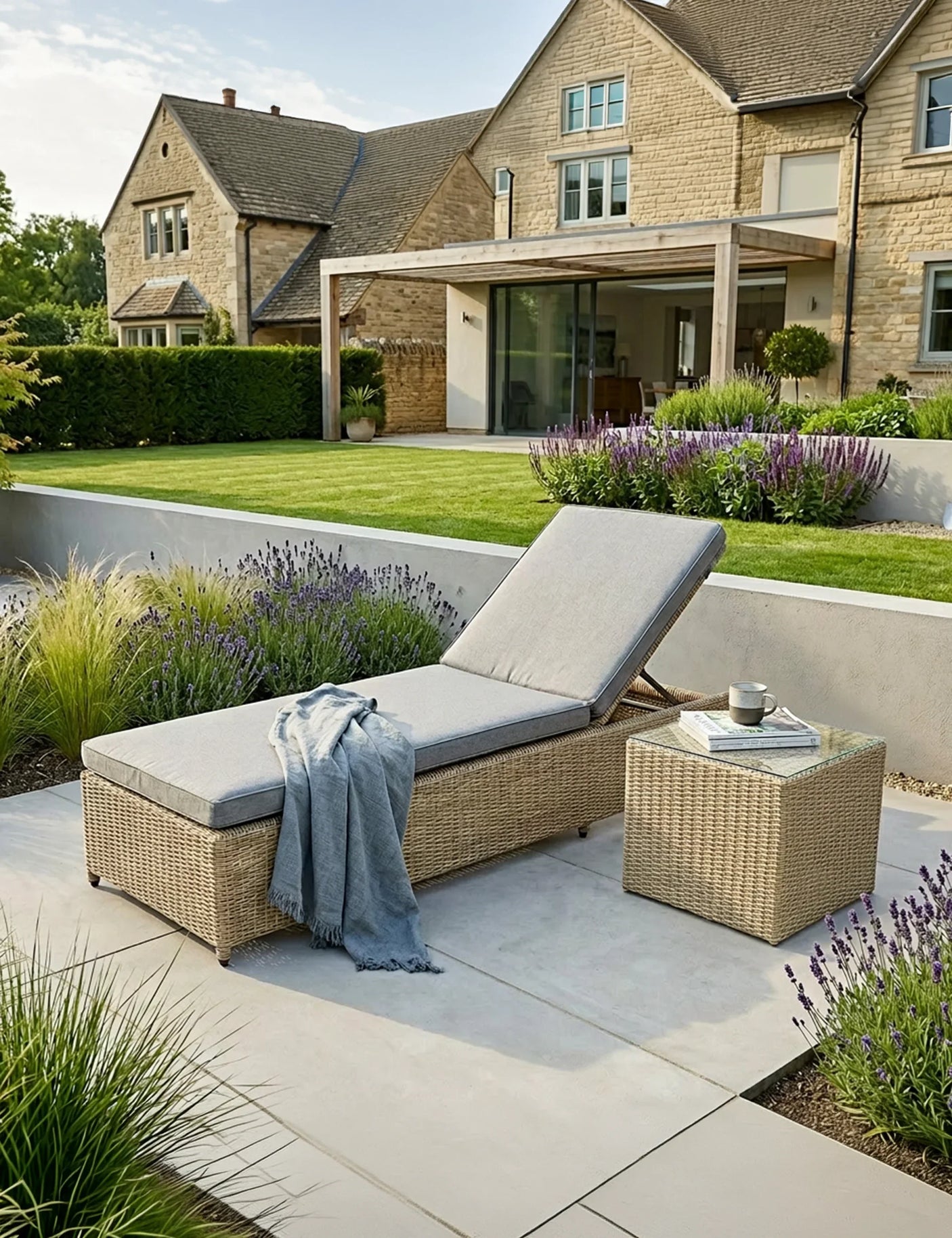Rattan sun lounger with grey cushions and throw beside matching side table in modern garden