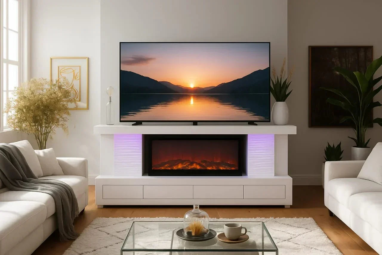 Modern white TV unit with electric fireplace in cosy living room with sofas and decor
