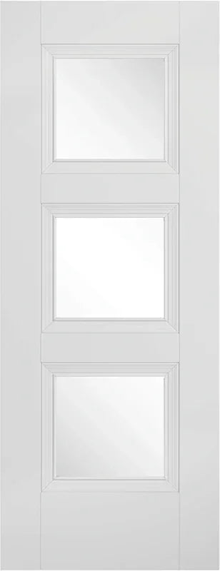 White glazed panelled interior door with three clear glass panels and modern design