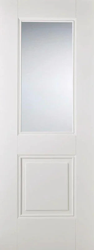 White interior door with glazed panel and raised rectangular lower panel