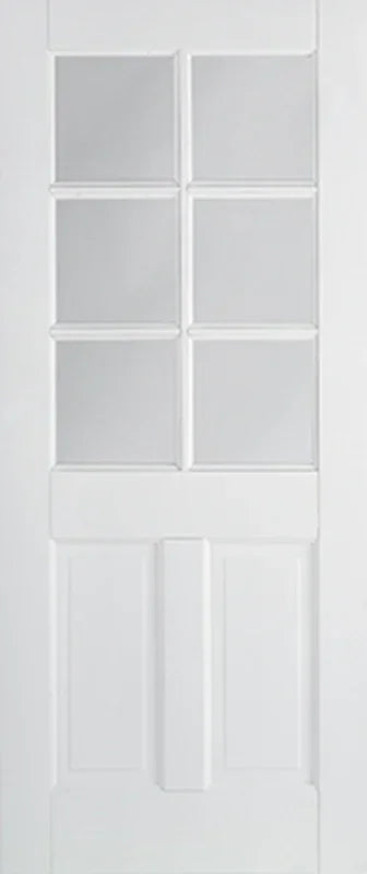 White Canterbury glazed door with six glass panels and two solid panels, front view