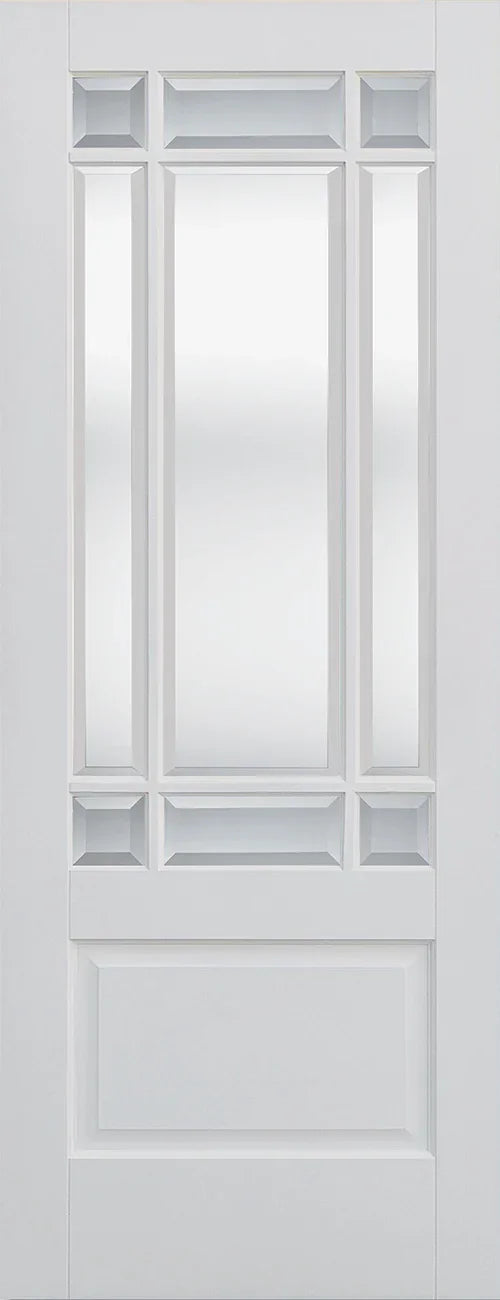 White interior door with clear bevelled glazed panels and rectangular lower panel