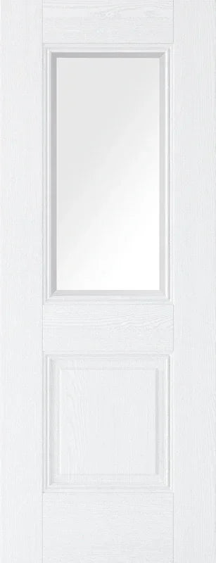 White grain glazed internal door with central glass panel and raised lower panel