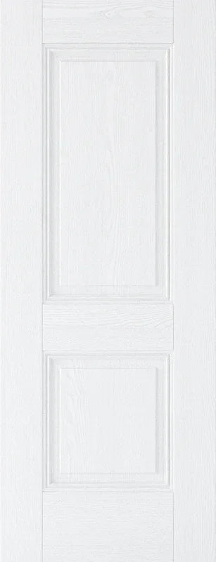 White grain internal door with three rectangular panels and wood texture