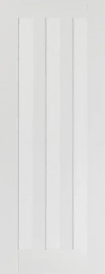 White internal door with three vertical recessed panels, modern smooth finish