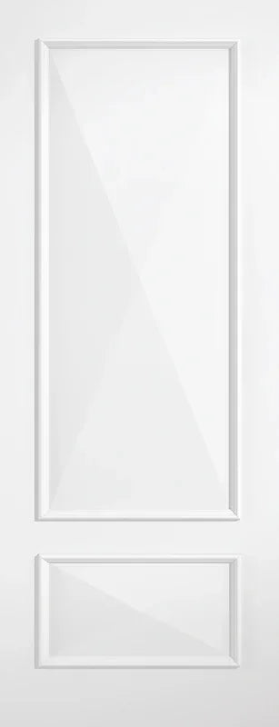 White two panel interior door with raised moulding and rectangular panels