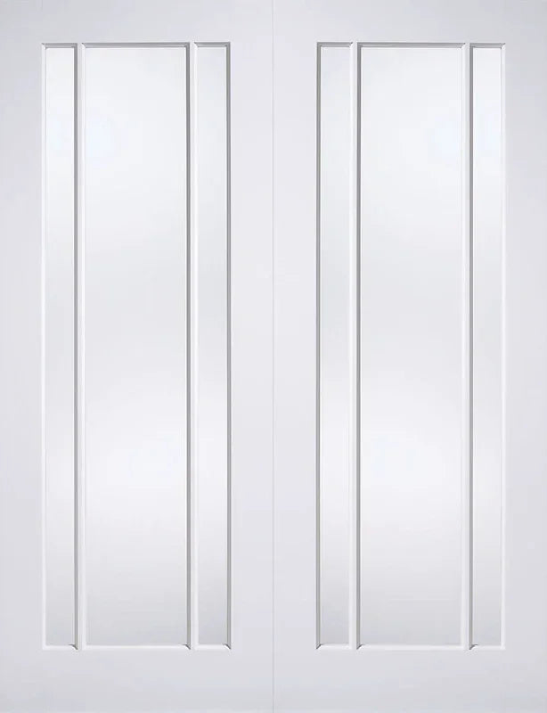 White Lincoln glazed internal doors pair with vertical glass panels and decorative moulding