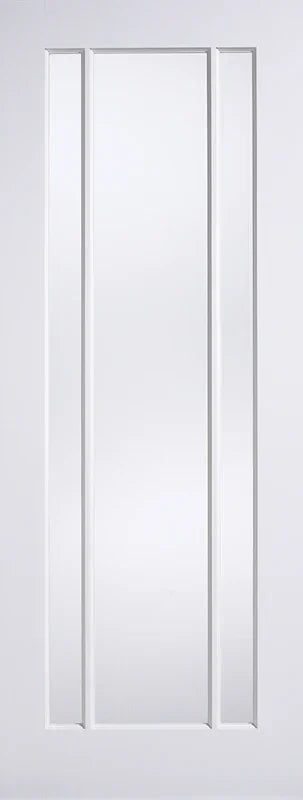 White glazed interior door with three vertical panels and minimalist design