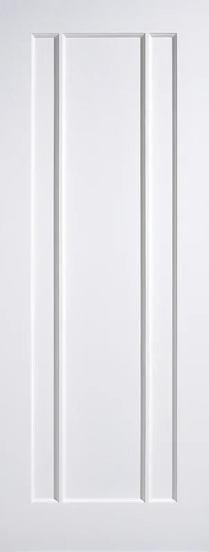 White internal door with three vertical raised panels and smooth finish