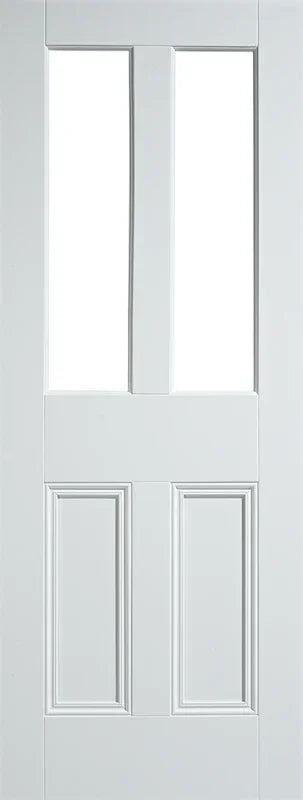 White unglazed interior door with two vertical glass panels and decorative lower panels