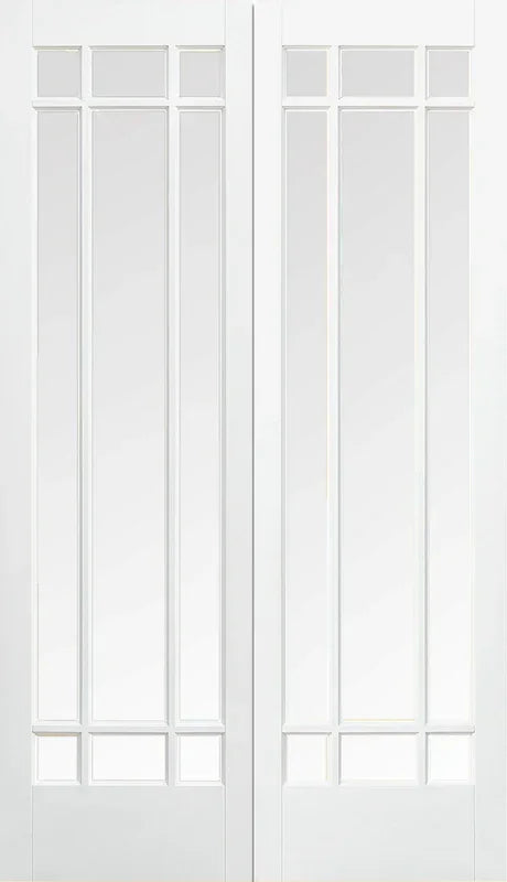 White Manhattan glazed doors pair with glass panels and geometric detailing