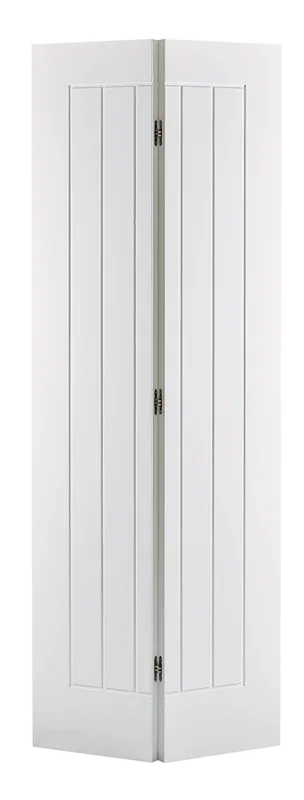 White bi-fold interior door with vertical panel design, partially opened at an angle