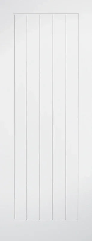 White Mexicano interior door with vertical grooved panels, modern minimalist design