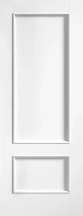 White interior door with two rectangular panel design, modern smooth finish