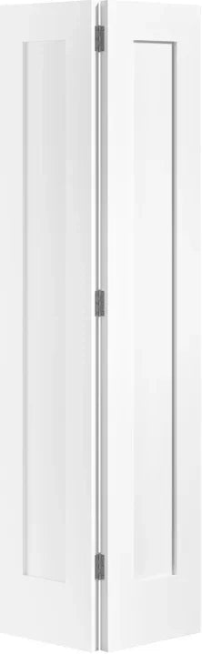 White one panel bi-fold door with vertical panels and metal hinges, angled side view