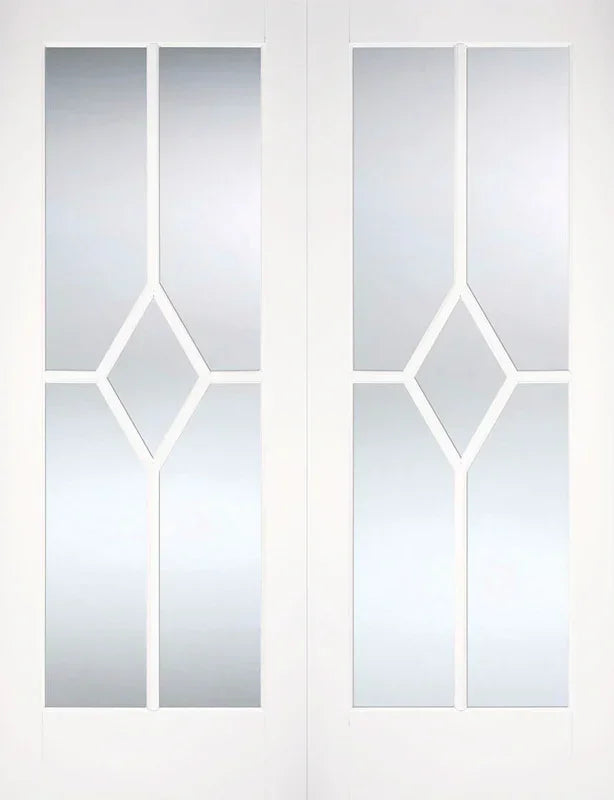 White glazed interior door pair with diamond and vertical glass panels
