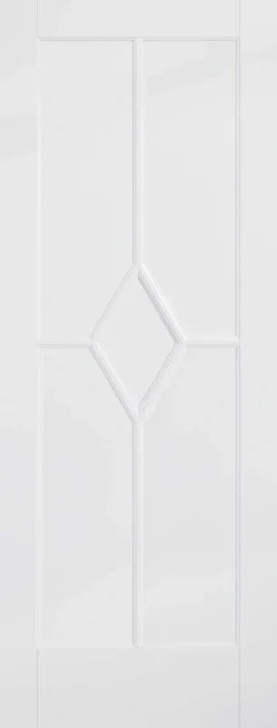White interior door with diamond-shaped panel design and vertical grooves