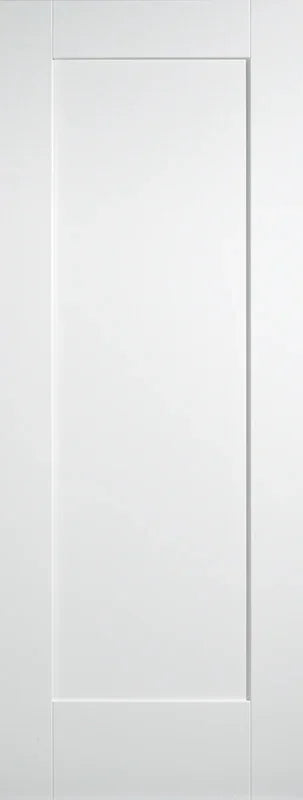 White shaker cabinet door with single recessed panel, smooth finish, front view