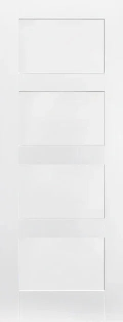 White shaker interior door with four panel design, modern flat surface, full front view