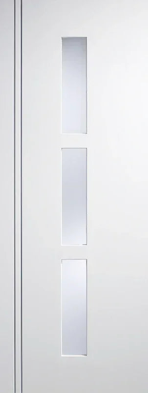 White glazed internal door with three vertical glass panels and modern design