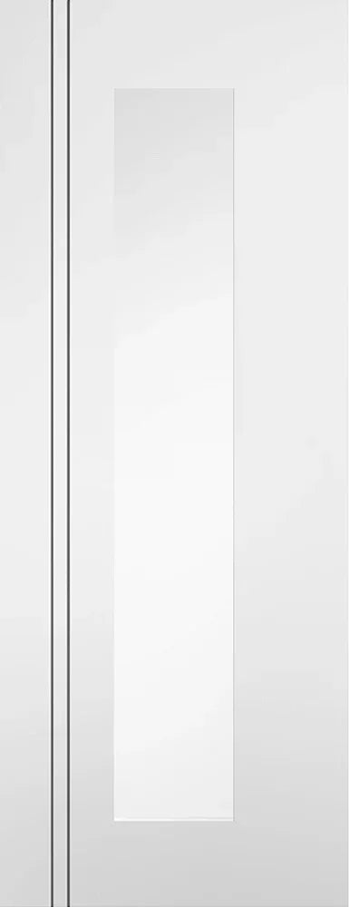 White glazed interior door with central frosted glass panel and simple vertical grooves