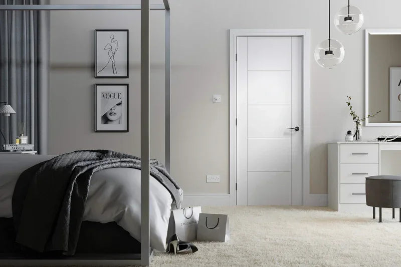 white Vancouver 5 panel internal door in modern bedroom with neutral decor