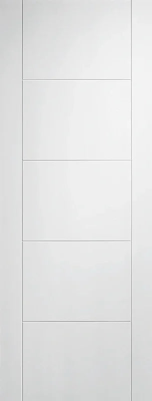 White interior door with five horizontal panels, modern minimalist design