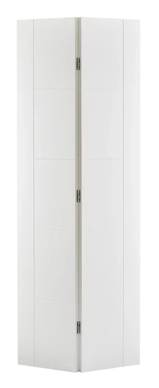 White bi-fold interior door with flat panel design and metal hinges, angled closed