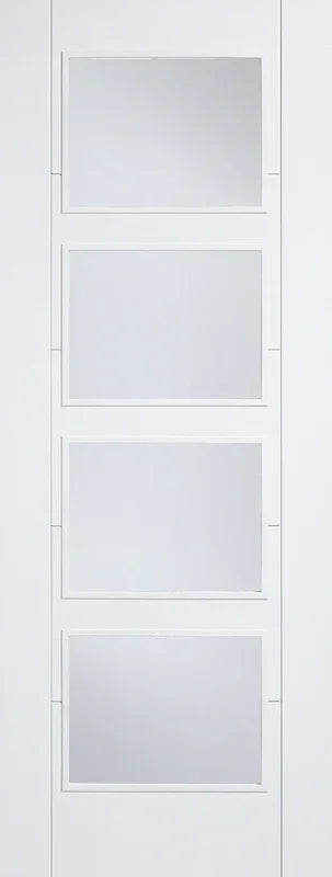 White glazed interior door with four clear glass panels, modern rectangular design
