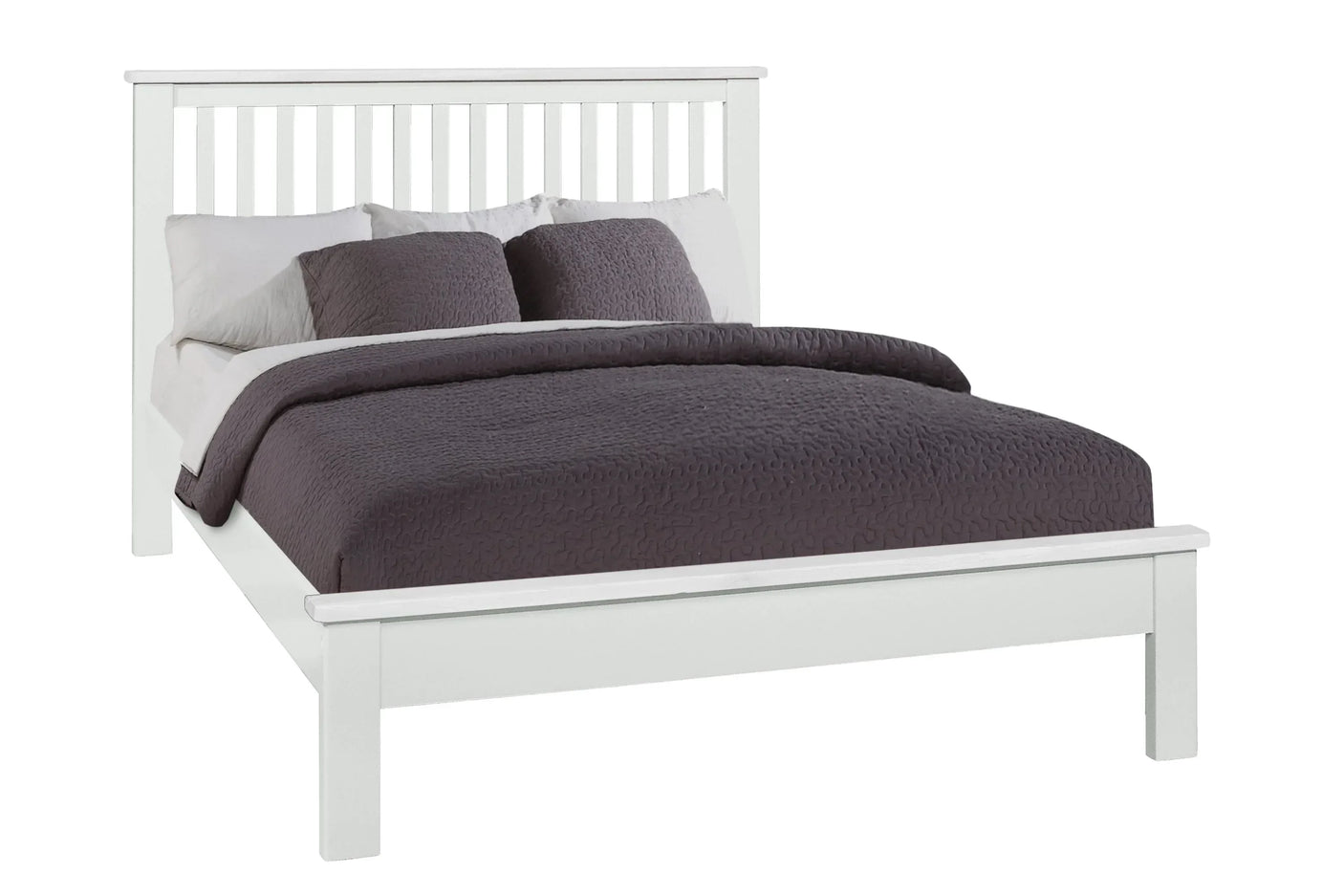 White wooden bed frame with slatted headboard, grey bedding and pillows