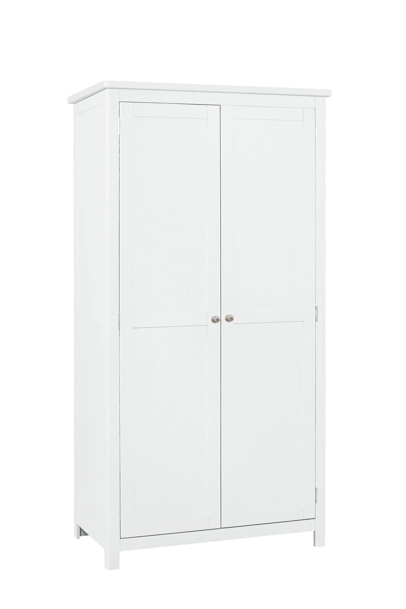 White wooden wardrobe with two panel doors and silver handles, shown from front angle
