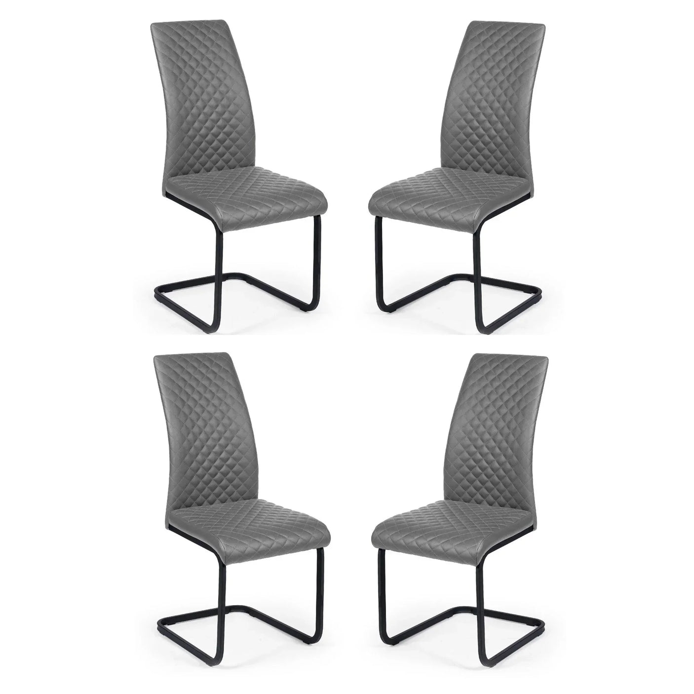 Set of four grey dining chairs with quilted seats and black cantilever legs