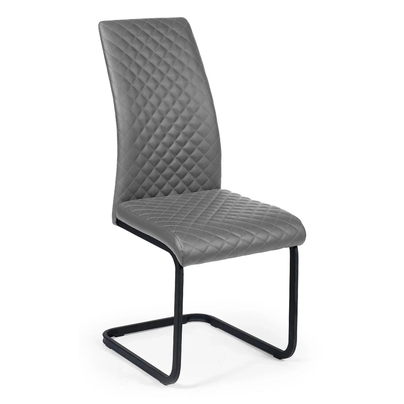 Grey faux leather dining chair with quilted stitching and black cantilever metal legs