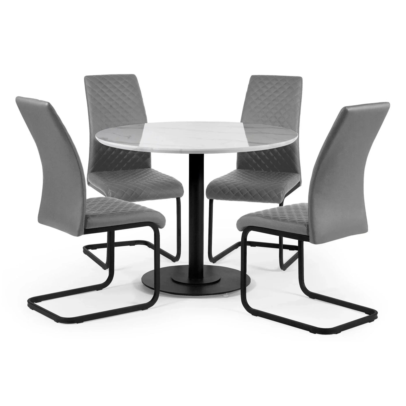 Round marble dining table with four grey quilted dining chairs and black metal legs