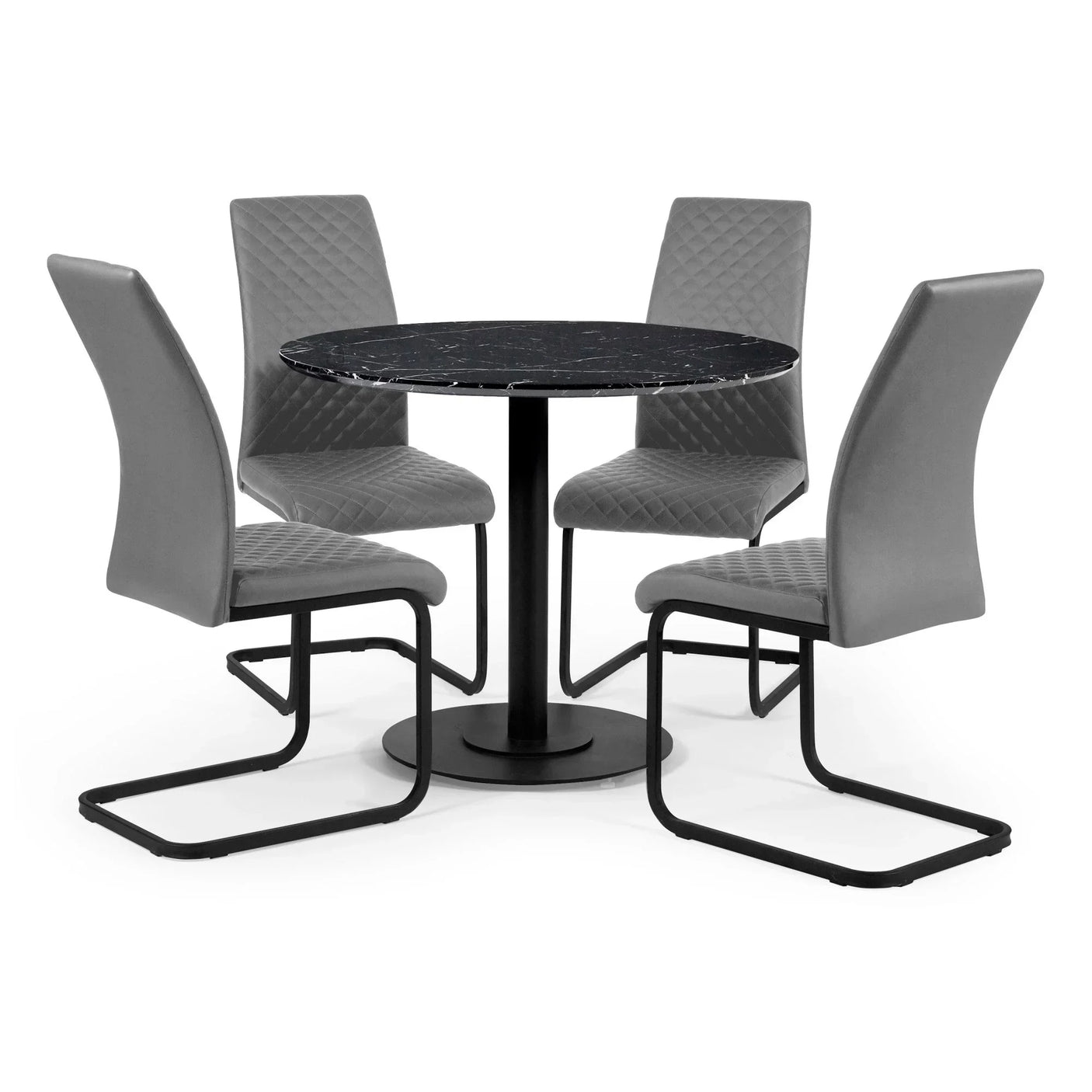 Round black marble dining table with four grey quilted dining chairs